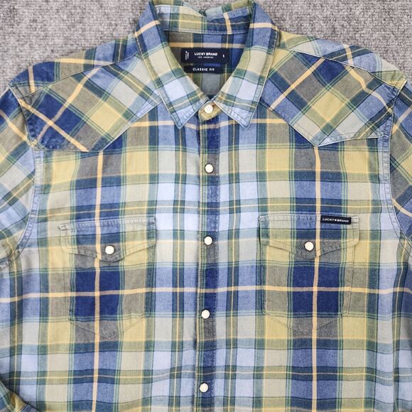 Lucky Brand Shirt Mens Large Indigo Plaid Long Sleeve Western Pearl Snap Button - Picture 9 of 16